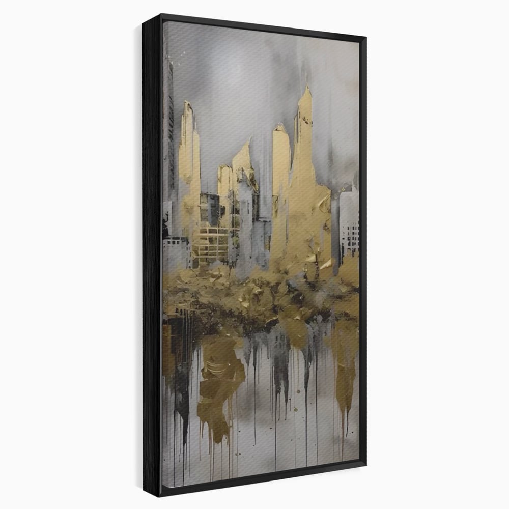 Tablou canvas cu tablou canvas cu zgarie-nori aurii, in rama de aluminiu negru
